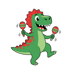 Fototapeta premium A happy green cartoon dinosaur playing maracas with a red frill and red spots.