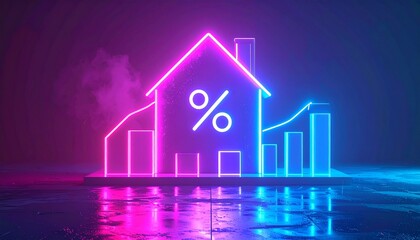 An illuminated icon of a house enclosing a percentage mark, held aloft by a hand, with dynamic blue arrows and growing bar graphs encircling it, signifying the surge in home loan interest.