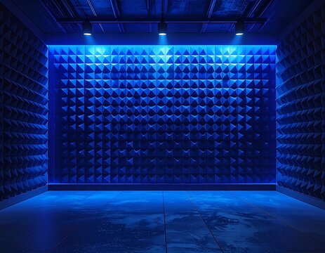 Blue-lit empty room with soundproof foam walls