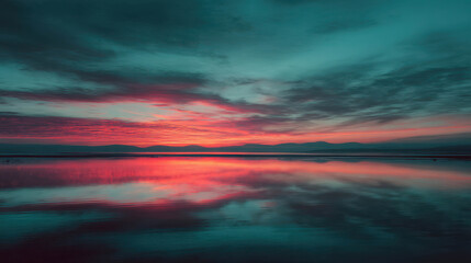 Obraz premium Serene Glowing Sunset Over Turquoise Waters with Pink Clouds Floating Above Calm River Landscape