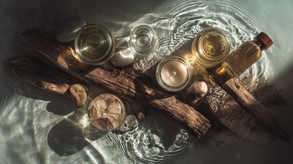 Relaxing spa composition with aromatherapy candles, wooden sticks, stones and essential oils against a background of calm water