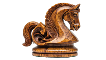 Ornate wooden knight chess piece, highly detailed carved features