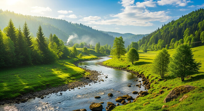 Picturesque mountain landscape with a winding river flowing through lush green meadows and forests under a bright blue sky with clouds