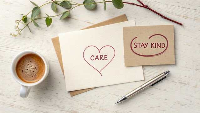 Inspirational message with heart symbols and coffee on a wooden surface creating a cozy and motivating atmosphere