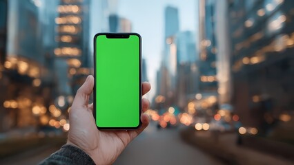Two hands holding a modern vertical smartphone featuring a bright chroma key green screen against a vibrant city backdrop