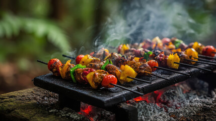 Juicy Grilled Meats and Colorful Vegetables Skewers Cooking Over Smoky Charcoal in a Close-Up Macro View