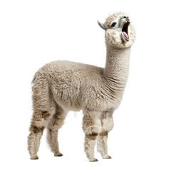 Obraz premium Alpaca spitting An alpaca stands with its head raised, mouth open, mid-spit. full length isolate on transparent background