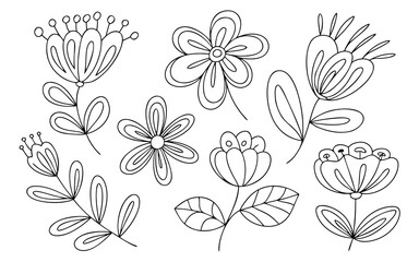 A whimsical collection of outlined flowers isolated on white background, showcasing various shapes and sizes, perfect for adding a touch of natureinspired elegance to any design project