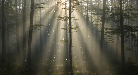 Naklejka premium Sun rays shining through the trees in a forest, creating a beautiful and ethereal atmosphere with light and shadow play in the woods