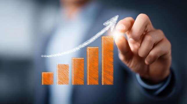 A man in a suit pointing to a rising bar graph on a virtual screen.