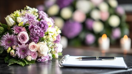 Obraz premium A bouquet of purple and white flowers with a pen and notebook on a table.