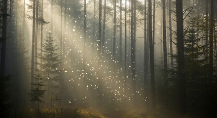 Fototapeta premium Sunlight filters through a misty forest, creating a magical atmosphere with light rays illuminating the trees and the forest floor