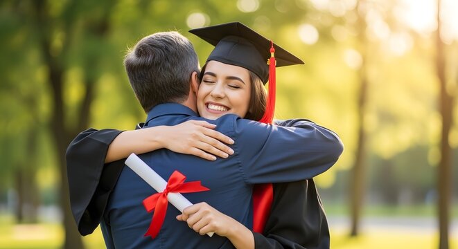 Proud father hugging his daughter on graduation day, celebrating her academic achievement and success with love and joy, holding diploma with red ribbon - Powered by Adobe