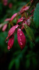 Obraz premium Close-up of vibrant pink and green leaves with water droplets, dark background