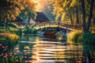 footbridge over canal or stream, creek or brook with serene sun dappled water and trees