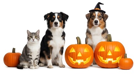 Cat and dogs celebrate halloween with pumpkins on a white studio background