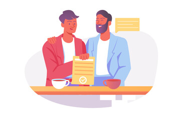 Two Businessmen Concluding Deal Holding Document with Seal in Transparent Background with Coffee Cups and Speech Bubble Vector Illustration