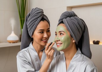 Smiling asian women enjoying a relaxing spa day with a green clay face mask application