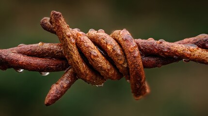 A rusted barbed wire fence with water droplets on it.