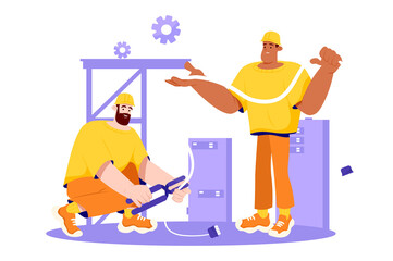 Two Cartoon Engineers Collaborating with Cables on Transparent Background