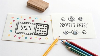 Creative Concept of Login and Protect Entry with Colorful Pencils and Wooden Block for Digital Security Illustrations