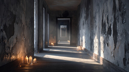 Eerie Haunted House Hallway with Peeling Wallpaper, Dim Light, and Flickering Candles – A Spooky Atmosphere Perfect for Horror Themes