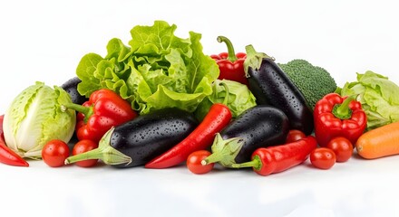 A colorful assortment of fresh vegetables, including lettuce, eggplant, pepper, tomato, and carrot, isolated on white background