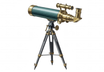 Antique brass telescope on tripod isolated on a transparent background