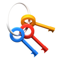 Three Keys on White Ring Colorful Lock Security Isolated Concept