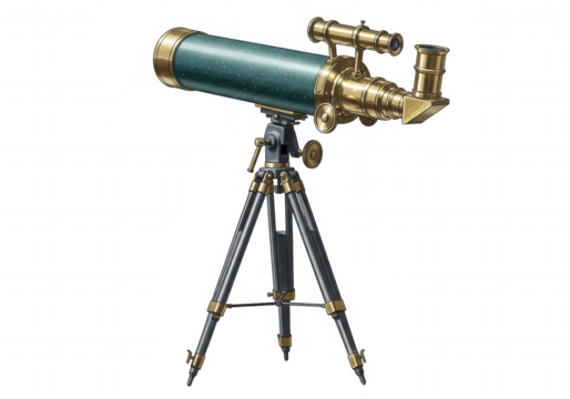 Antique brass telescope on tripod isolated on a transparent background