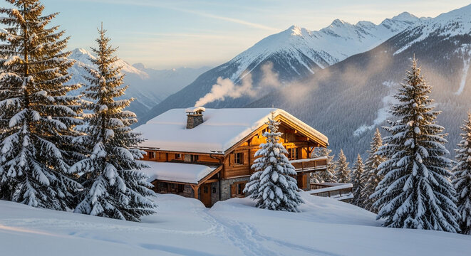 A charming wooden chalet nestled among snowladen trees, with majestic mountains rising in the background, creating a tranquil winter landscape scene