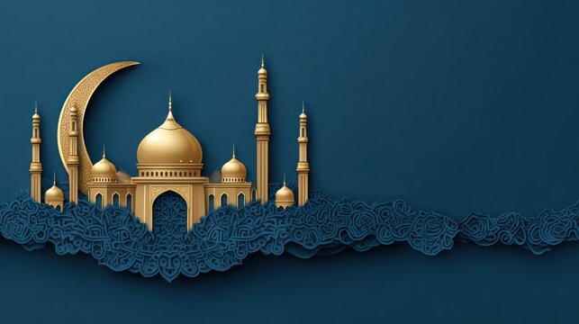 A golden mosque with a crescent moon and intricate patterns on a dark blue background.