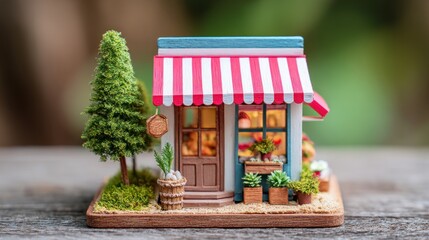 A miniature toy store with a red and white striped awning, a green tree, and a wooden table.