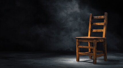A solitary wooden chair with a dark, textured background, emitting a warm, golden light from its seat.
