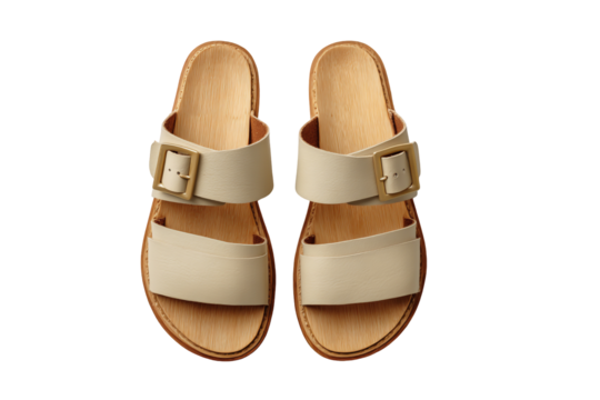 Pair of beige leather slide sandals isolated on transparent background