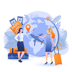 Travel Planning Illustration on Transparent Background Two Women Discussing Vacation Destination Airplane Globe Suitcases and Tickets in Orange and Blue