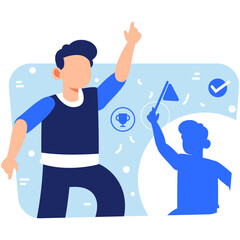 Triumph Celebration Illustration of Blue People with Flags and Trophies Against Transparent Background for Team Achievement Concept