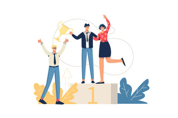 Triumph Team Celebrating on Podium with Gold Trophy Isolated Illustration