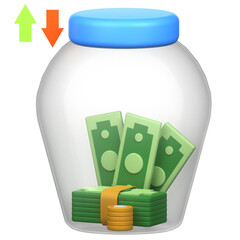 Transparent Money Jar with Green Bills and Gold Coins Against Transparent Background Finance and Investment Concept Depicted with Orange and Green Arrows