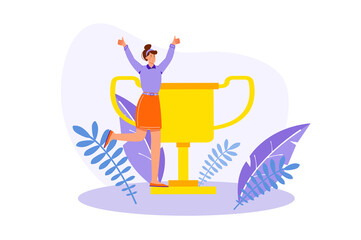 Triumphant Woman Celebrates Victory with Golden Trophy and Uplifting Ambience in a Cheerful White Background