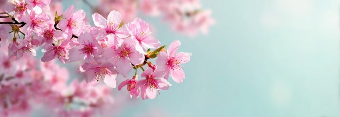 Pink Cherry Blossom Flowers on Light Blue Background