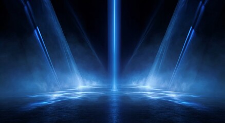 Abstract Blue Light Stage with Fog and Dark Background