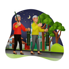 Two 3D Characters Announcing Suhoor in Ramadan with Drums Under Starry Night Sky with Moon and Mosque in Background Illustration Style