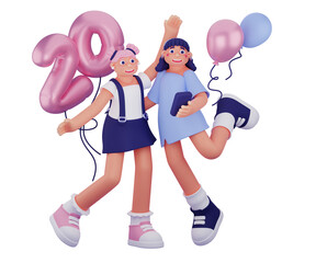 Two Animated Women Celebrating 20 with Pink Balloons on Transparent Background Joyful Festive Celebration Fun Party Decoration Modern Vector Illustration