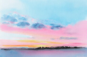 Watercolor Landscape Painting with Pink Sunset Sky.