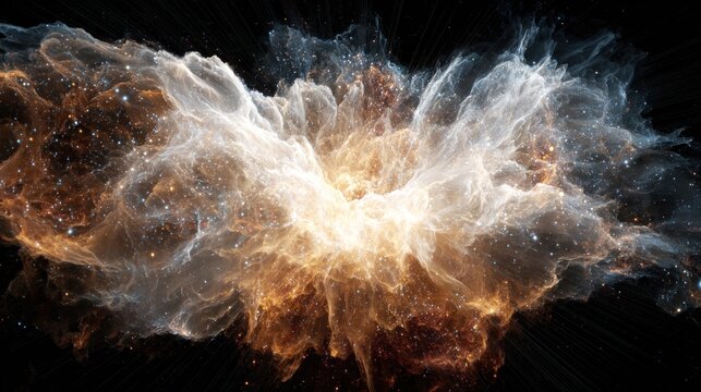 A cosmic explosion with a nebula-like appearance, emitting a bright glow and swirling clouds of gas and dust. - Powered by Adobe