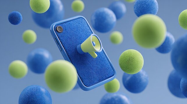 A smartphone with a megaphone on it, surrounded by floating blue and green spheres.