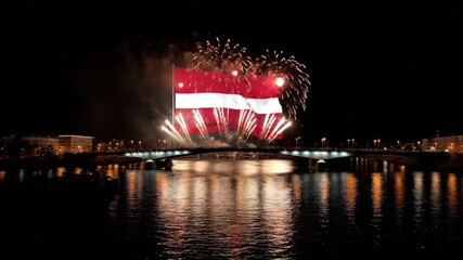 Fireworks illuminate a giant projected Latvian flag over a river and city bridge at night, reflecting a vibrant Independence Day celebration. - Powered by Adobe