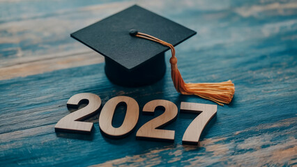 Graduation cap with golden tassel beside 2027 numbers on rustic wooden background, symbolizing education achievement, academic milestone, student success, and commencement celebration for class of 202