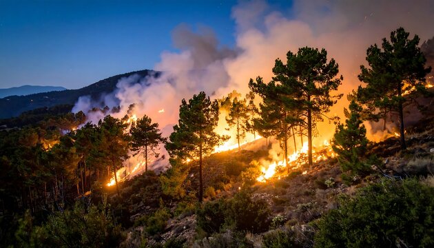 Forest fire raging on a hillside at dusk